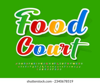 Vector colorful Emblem Food Court. Bright Creative Font. Sticker style Alphabet Letters and Numbers