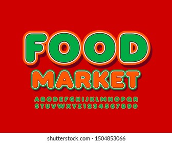 Vector colorful Emblem Food Market.  Bright Green and Red Font. Stylish Letters and Numbers.