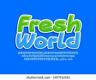 Vector colorful emblem Fresh World. Creative Alphabet Letters, Numbers and Symbols. Bright Blue Font