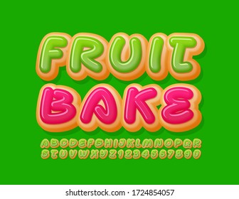 Vector colorful emblem Fruit Bake with creative Donut Font. Green glazed Alphabet Letters and Numbers