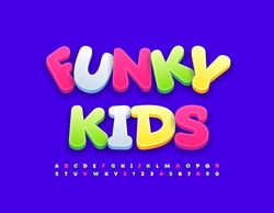 Emblema Colorido Vector Niños Funky. La Fuente 3D De Los Niños Luminosos. Letras Y Números De Alfabeto Creativos.