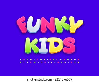 Vector colorful emblem Funky Kids. Bright children's 3D Font. Cute creative Alphabet Letters and Numbers.