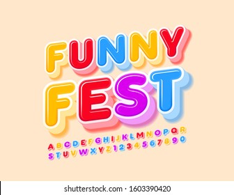 Vector Colorful Emblem Funny Fest. Bright 3D Font. Creative Alphabet Letters and Numbers.