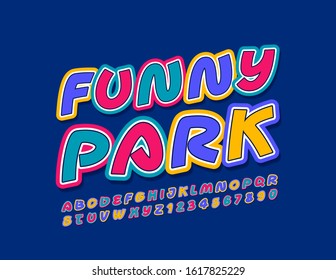 Vector colorful Emblem Funny Park. Bright Children Font. Artistic Alphabet Letters and Numbers.