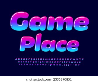Vector colorful Emblem Game Place. Bright Bold Font. Modern Alphabet Letters and Numbers.