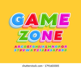 Vector colorful Emblem Game Zone. Bright Children Font. Creative 3D Alphabet Letters and Numbers