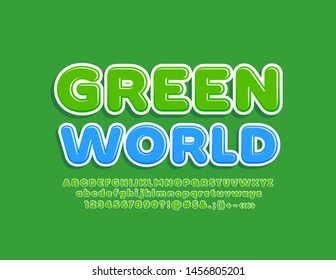 Vektorbunter Emblem Green World mit dekorativer Schriftart. Moderne, helle Alphabet-Buchstaben, Zahlen und Symbole