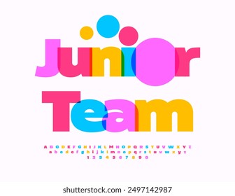 Vector colorful emblem Junior Creative Team. Bright Font. Trendy Alphabet Letters and Numbers set