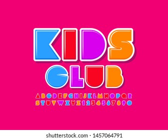 Vector colorful emblem Kids Club with bright Alphabet Letters and Numbers. Uppercase trendy Font