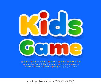 Vector colorful emblem Kids Game with sticker style Font. Playful Alphabet Letters, Numbers and Symbols set