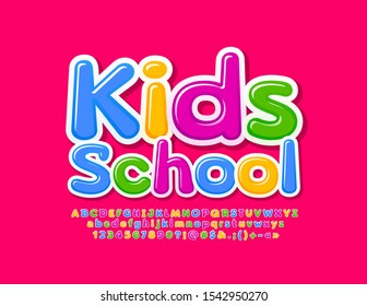 Vector Colorful Emblem Kids School. Funny Bright Font. Alphabet Letters, Numbers And Symbols For Children