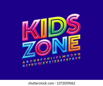 Vector colorful emblem Kids Zone with Creative Alphabet. Modern Uppercase Font. Bright glossy Letters and Numbers 