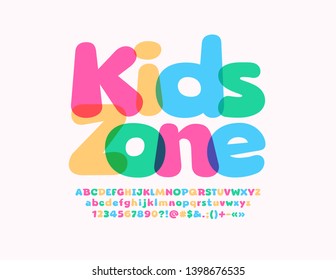 Vector colorful emblem Kids Zone with transparent playful Font. Bright Alphabet Letters, Numbers and Symbols