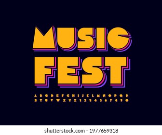 Vector colorful Emblem Music Fest. Bright layered Font. Creative set of Alphabet Letters and Numbers