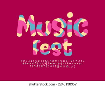 Vector colorful Emblem Music Fest. Funny handwritten Font. Playful style Alphabet Letters and Numbers set. 