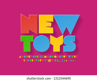 Vector Colorful emblem New Toys with flat playful Font. Unique Bright Alphabet for Children Logo, Marketing, Advertising. 