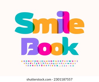 Vector colorful emblem Smile Book. Bright Childish Font. Modern Alphabet Letters, Numbers and Symbols set