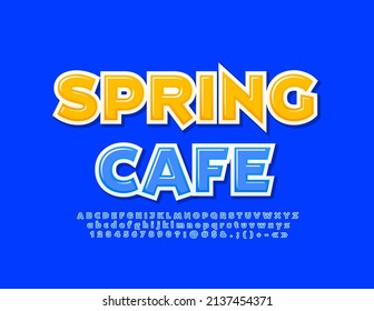 Cafetería Emblem Spring de colores vectoriales. Fuente azul de moda. Letras y números de alfabeto luminosos