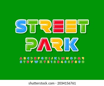 Vector colorful emblem Street Park. Futuristic bright Font. Creative Alphabet Letters and Numbers set