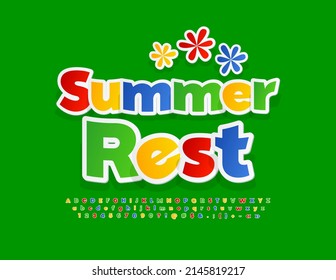 Vector colorful emblem Summer Rest with decorative Flowers. Bright sticker Font. Creative Alphabet Letters, Numbers and Symbols set