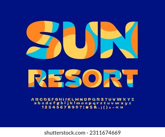 Vector colorful Emblem Sun Resort. Bright Creative Font. Artistic Alphabet Letters and Numbers