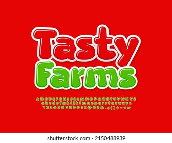 Vector colorful Emblem Tasty Farms. Cute Green Alphabet Letters and Numbers set. Creative Font