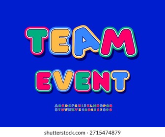 Vector Colorido emblema Equipo Evento con fuente divertida. Conjunto de letras y números de alfabeto creativo
