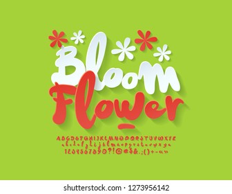 Vector colorful Emblem with text Bloom Flower. Handwritten playful Alphabet Letters, Numbers and Symbols. Red funny Font. 