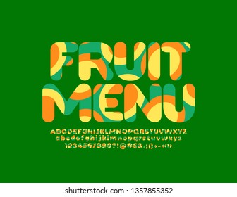 Vector colorful emblem with text Fruit Menu. Alphabet Letters, Numbers and Symbols with Original pattern. Bright trendy Font.
