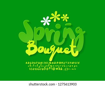 Vector colorful Emblem with text Spring Bouquet. Handwritten playful Alphabet Letters, Numbers and Symbols. Bright  funny Font. 