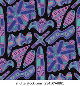 vector colorful ethnic freeform geometric seamless pattern on black