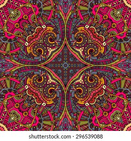 Vector colorful ethnic magical abstract geometric artistic background in tribal bohemian style. Seamless pattern can be used for textile, wrapping paper, wallpaper, brochure design, web page backdrop