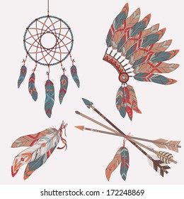 Vector colorful ethnic set with dream catcher, feathers, arrows and native american indian chief headdress