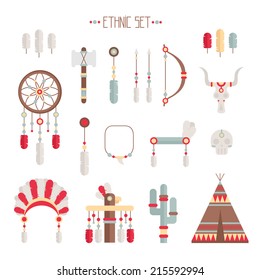 Vector colorful ethnic set with dream catcher, feathers, arrows and american indian chief headdress in native style. 