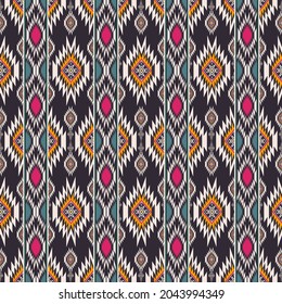Vector colorful ethnic tribal rhombus square shape and vertical border seamless pattern on black background. Use for fabric, textile, interior decoration elements, upholstery.