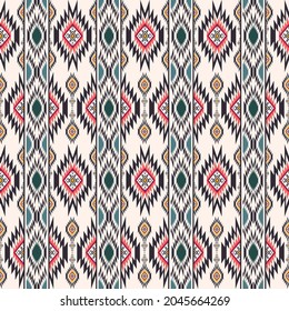 Vector colorful ethnic tribal rhombus square shape and vertical border seamless pattern on white cream background. Use for fabric, textile, interior decoration elements, upholstery.