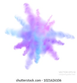 Vector colorful explosion. Template for Holi festival. Realistic burst of a vivid purple, blue, pink paints. Smoky splash of colored powder. Abstract transparent watercolor firework. White background.