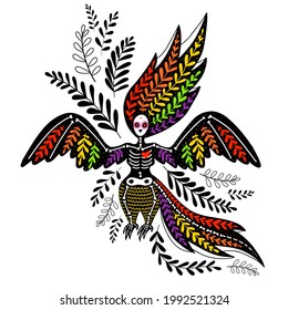 Vector colorful fairytale creature (half a woman, half a bird), skeleton with floral design, isolated on white background. Dia de los Muertos, Day of the dead or Halloween concept