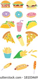 Vector colorful fast food illustrations set. burgers, donuts, tacos, milkshake, pizza slices, burrito, fries, hot dog, corn dog. 
American, mexican, italian cuisine