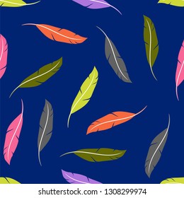 Vector Colorful Feather Silhouette Collection Isolated on Blue Background. Seamless Pattern
