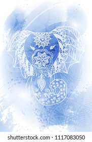 Vector colorful festive backgrounds.  Template for greeting card. Blue watercolor brushstrokes. Painted stylized elephant. Indian mammals in zentangle style.