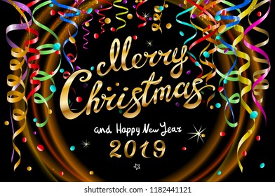 vector Colorful festive illustration for celebratory party and decoration black background - golden Merry Christmas and Happy New Year 2019 gold. art