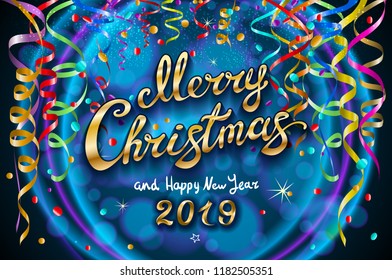 vector Colorful festive illustration for celebratory party and decoration blue neon background - golden Merry Christmas and Happy New Year 2019 gold. art