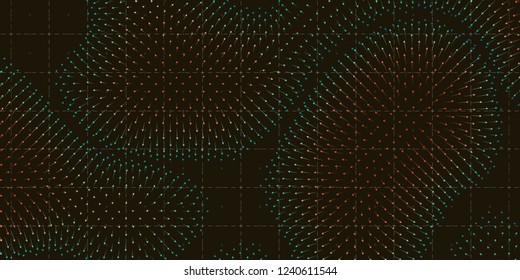 Vector colorful field visualization of forces. Magnetic or gravitational fluctuations chart. Science backdrop with a matrix of arows with magnitude and direction. Flow representation. Interaction