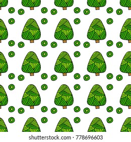 Vector colorful fir tree seamless pattern. Background with christmas trees. Green xmas tree pattern on white. For your web design. Hand draw.