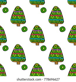Vector colorful fir tree seamless pattern. Background with christmas trees. Green xmas tree pattern on white. For your web design. Hand draw.