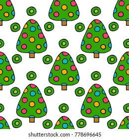 Vector colorful fir tree seamless pattern. Background with christmas trees. Green xmas tree pattern on white. For your web design. Hand draw.