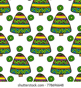 Vector colorful fir tree seamless pattern. Background with christmas trees. Green xmas tree pattern on white. For your web design. Hand draw.