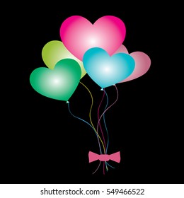 Vector colorful five love hearts balloons with strings and bow.