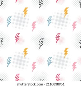 Vector Colorful  Flash. Lightning Bolts Seamless Pattern. Halftone Background with Doodle Lightning Signs, Thunderbolts, Energy Thunder bolt. Vector illustration